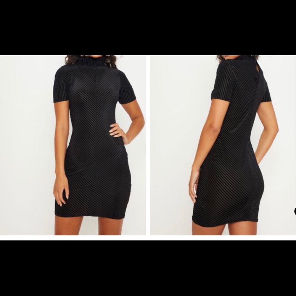 Black Striped Velvet High Neck Bodycon